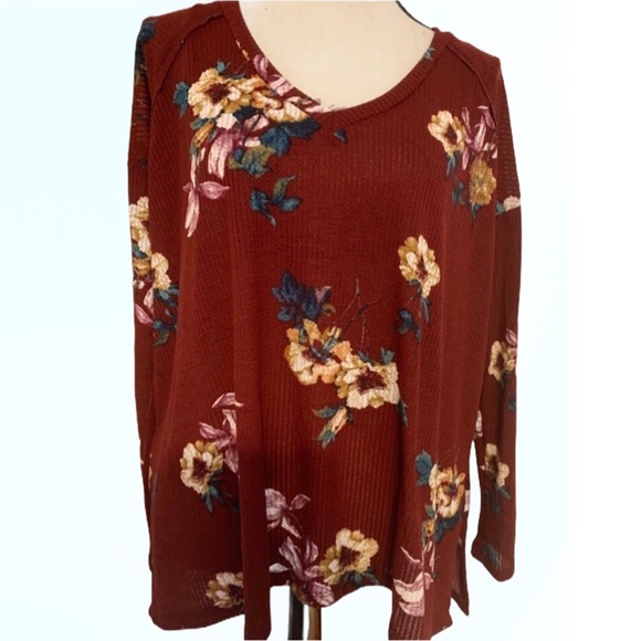 ❌DONATED❌Burgundy Wine Floral Print Waffle V-neck Long Sleeve Top - Picture 6 of 11